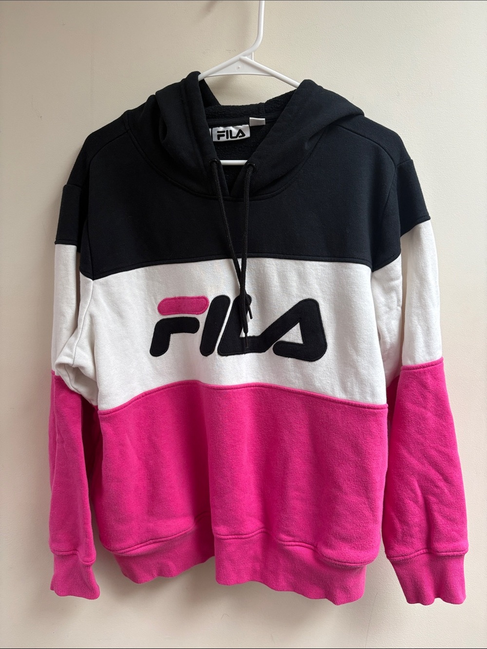 FILA Women’s Colorblock Hoodie – Black, White, Pink With pockets very soft warm